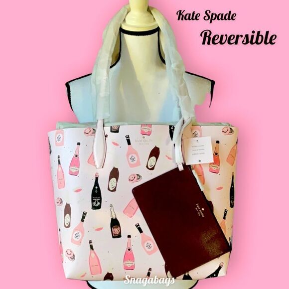 KATE SPADE NWT LARGE REVERSIBLE TOTE BAG CHAMPAGNE TOSS LEATHER WITH POUCH - Picture 1 of 9